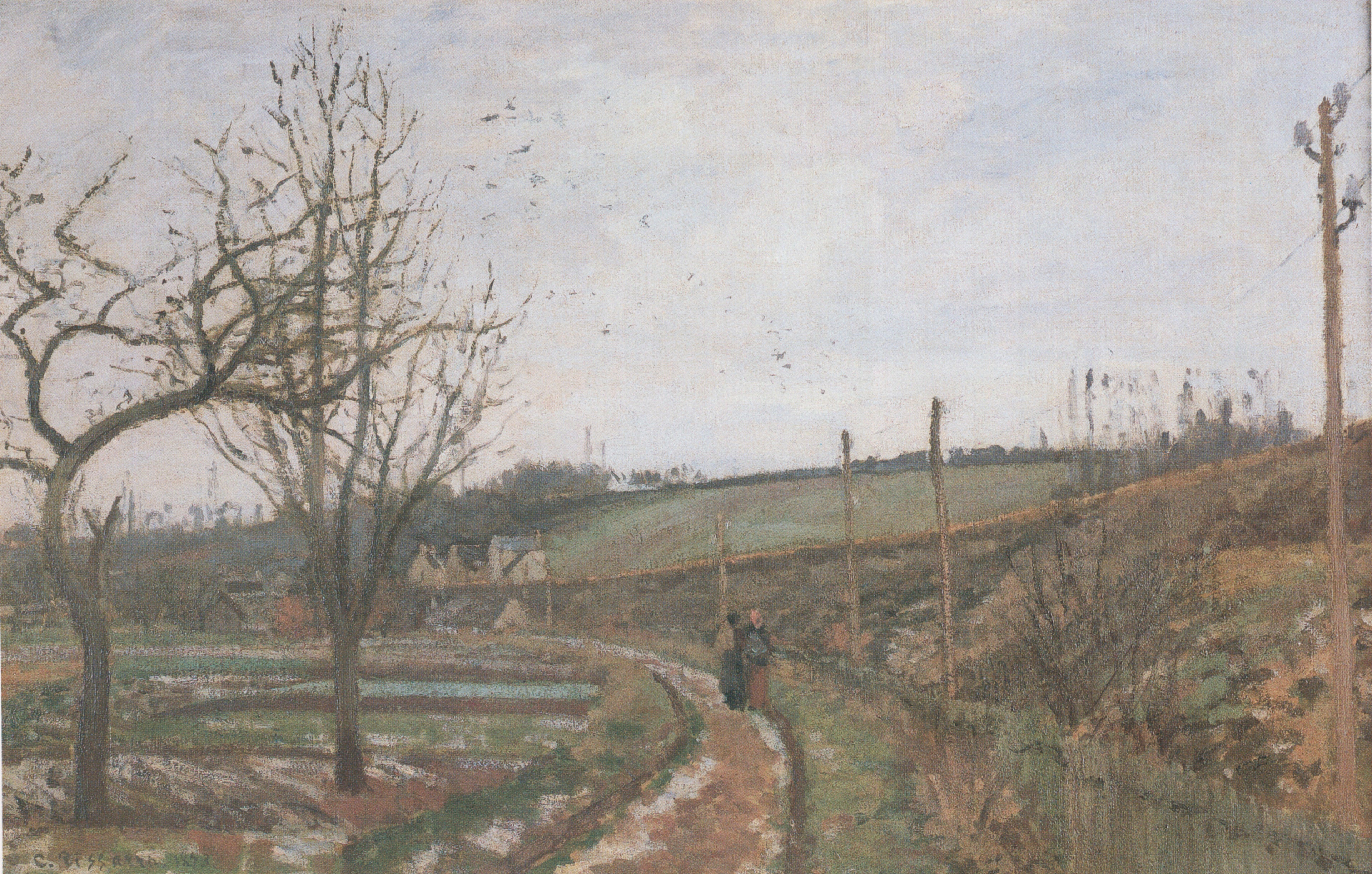 Reproduction du tableau « La Route au bord du chemin de fer, effet de neige - Camille Pissarro » par Alpha Reproduction en peinture à l’huile
