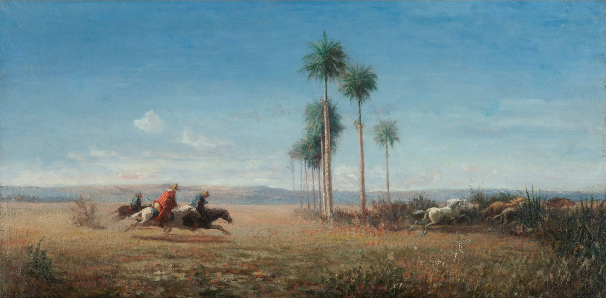 Reproduction du tableau « Trois cavaliers et chevaux galopant dans une plaine (Venezuela) - Camille Pissarro » par Alpha Reproduction en peinture à l’huile