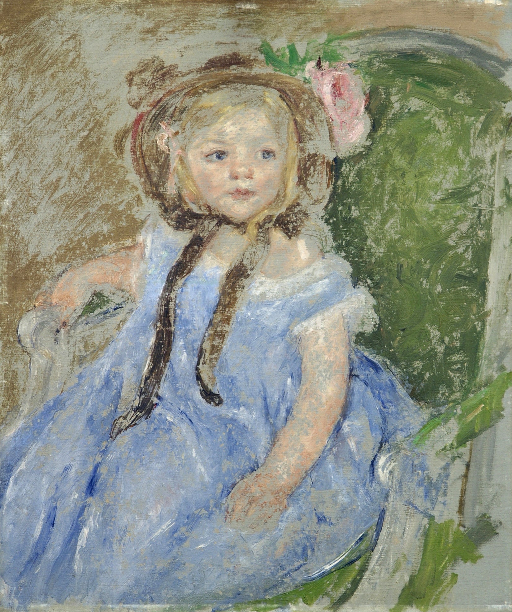 Reproduction du tableau « Sara avec un bonnet sombre avec la main droite sur le bras d'une chaise - Mary Cassatt » par Alpha Reproduction en peinture à l’huile