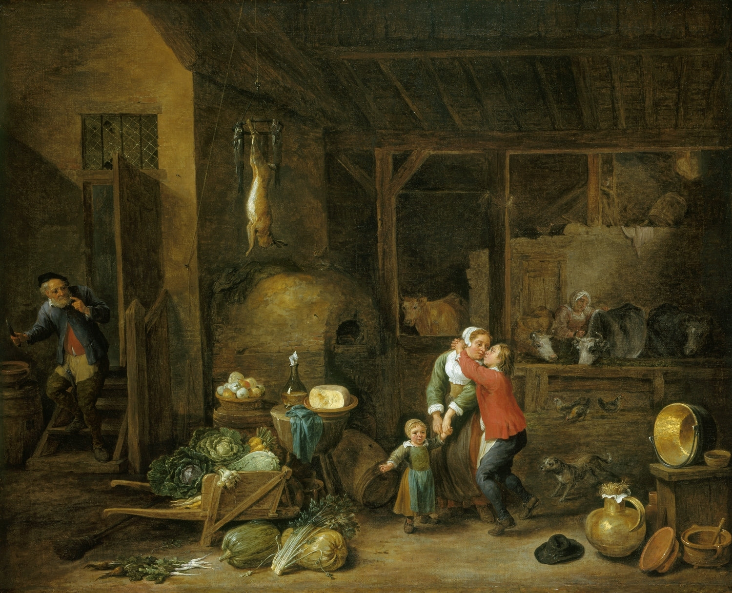 Intérieur d'une maison familiale avec personnages (« Le Baiser volé ») - David Teniers le Jeune