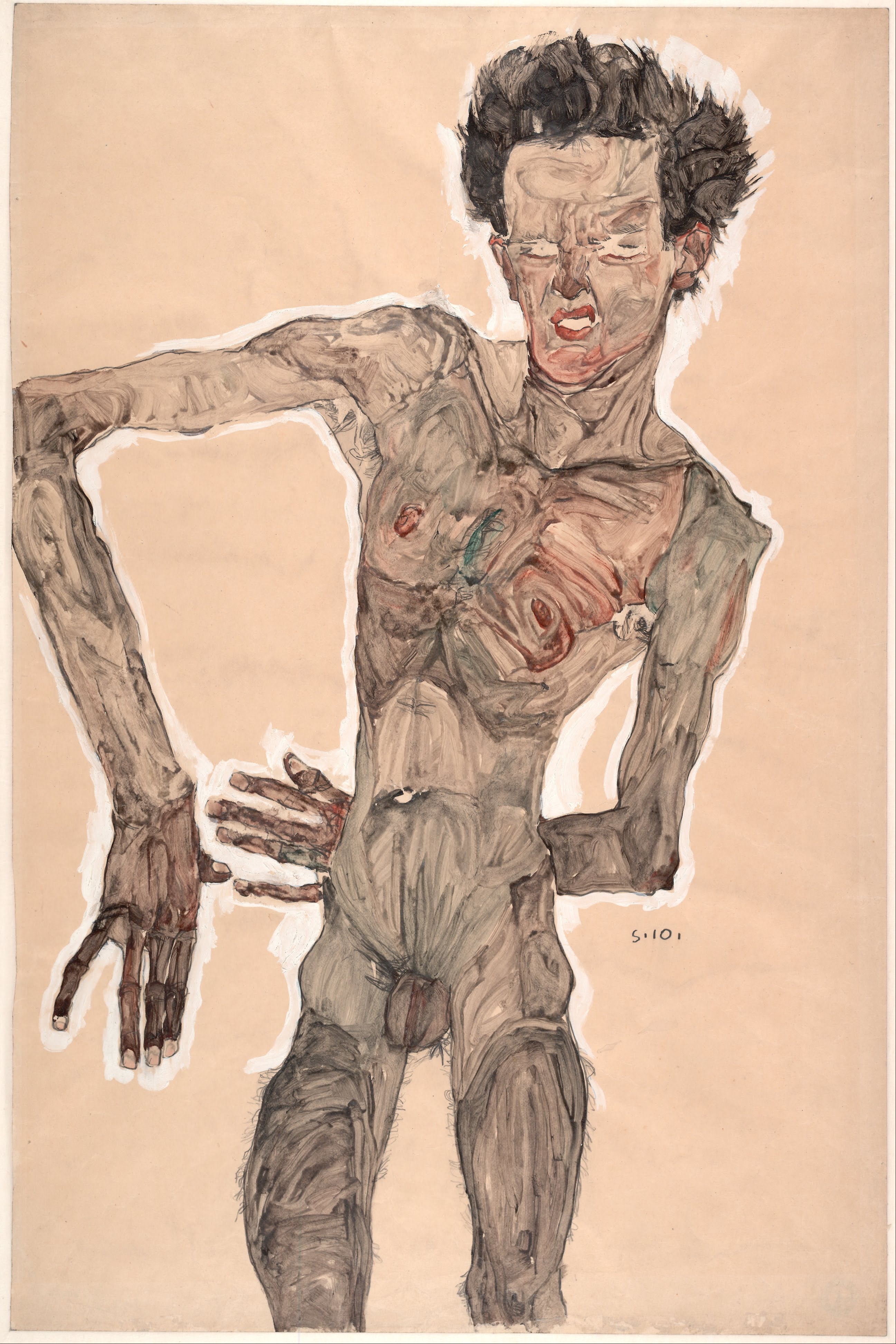 Reproduction du tableau « Autoportrait nu à la grimace - Egon Schiele » par Alpha Reproduction en peinture à l’huile
