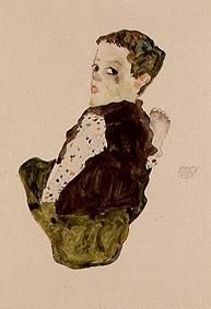 Reproduction du tableau « Garçon assis (Sitzender Knabe) - Egon Schiele » par Alpha Reproduction en peinture à l’huile