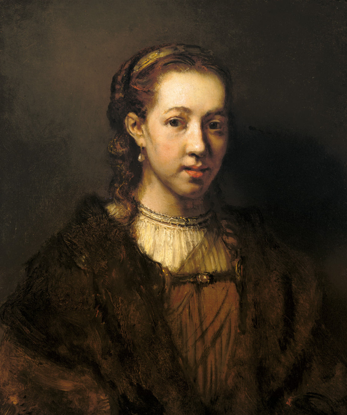 Reproduction du tableau « Figure à mi-corps d'une femme en costume fantaisiste - Rembrandt » par Alpha Reproduction en peinture à l’huile