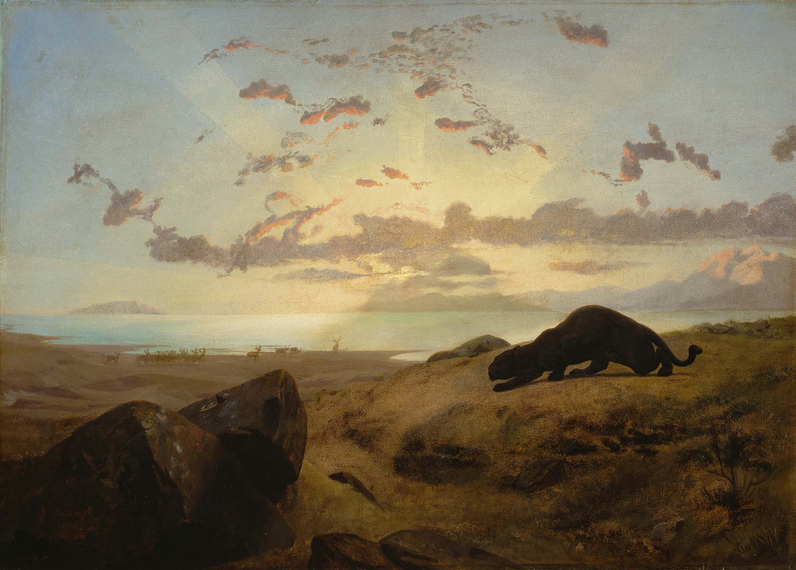 Reproduction du tableau « Panthère noire traquant un troupeau de cerfs - Jean-Léon Gérôme » par Alpha Reproduction en peinture à l’huile