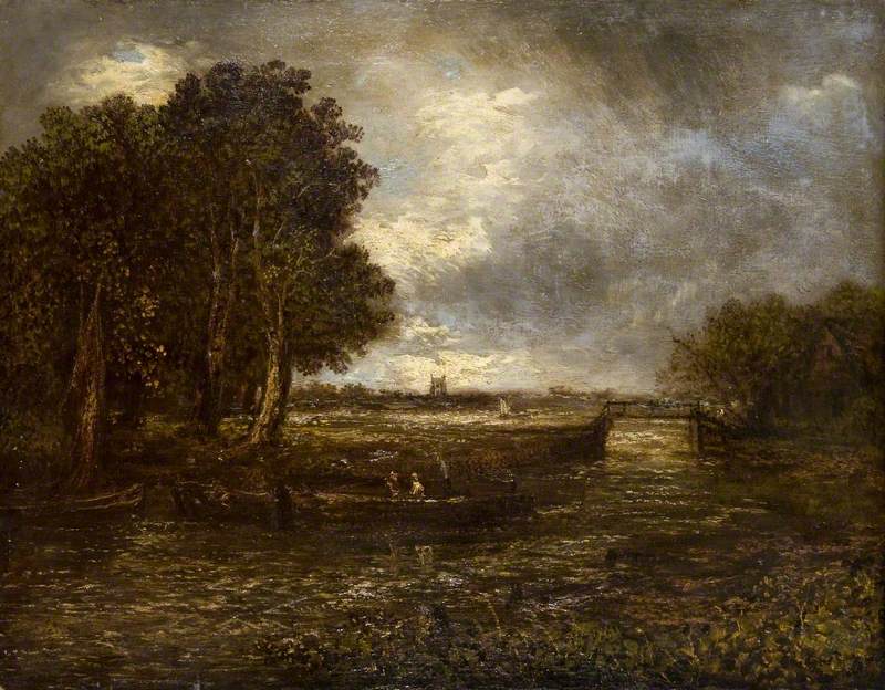 Paysage avec des péniches sur une rivière - John Constable