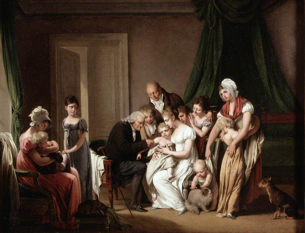 Un homme vaccine un jeune enfant tenu par sa mère, sous le regard d'autres membres de la famille - Louis-Léopold Boilly