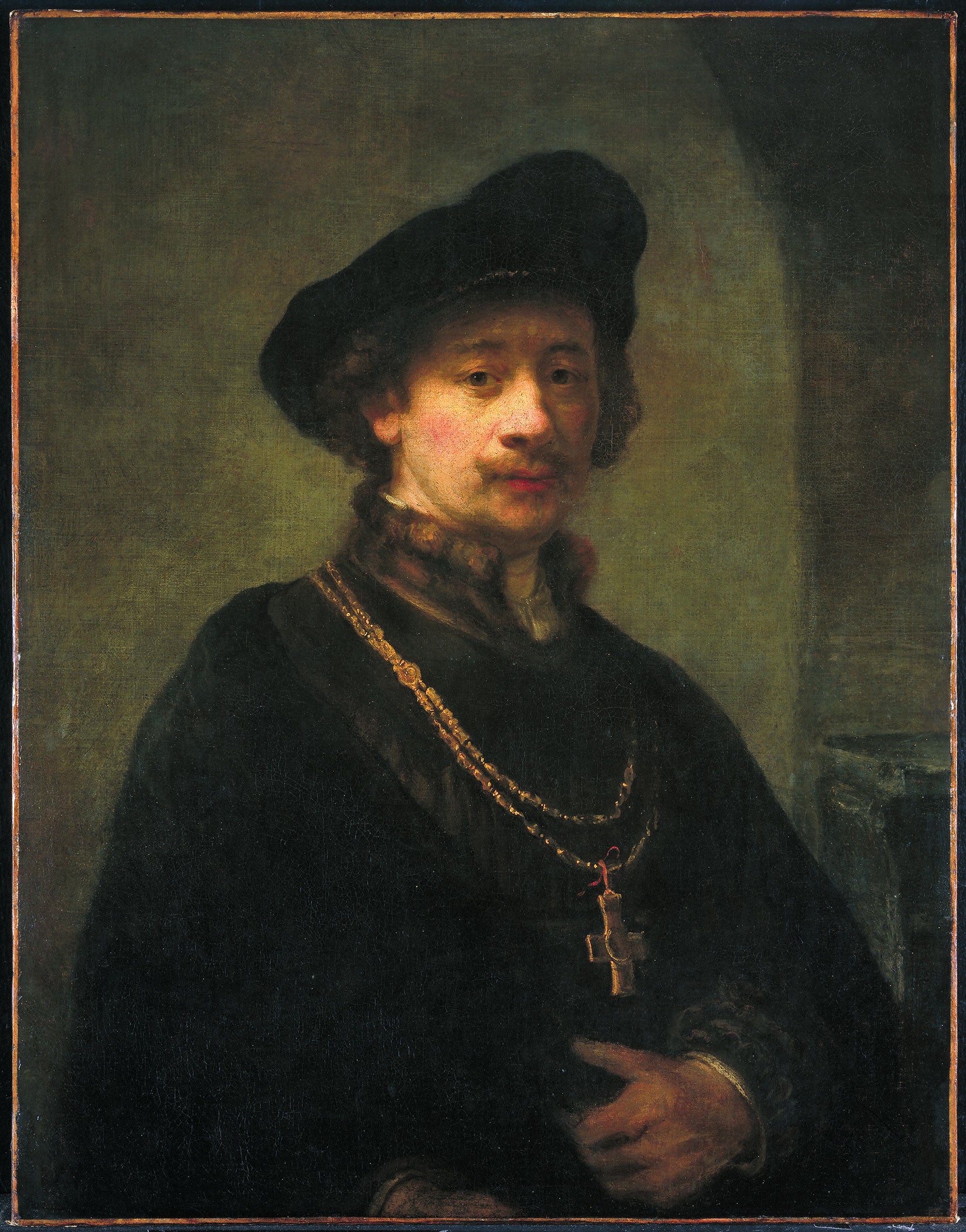 Reproduction du tableau « Autoportrait au béret, à la chaîne d'or et à la crosse - Rembrandt » par Alpha Reproduction en peinture à l’huile