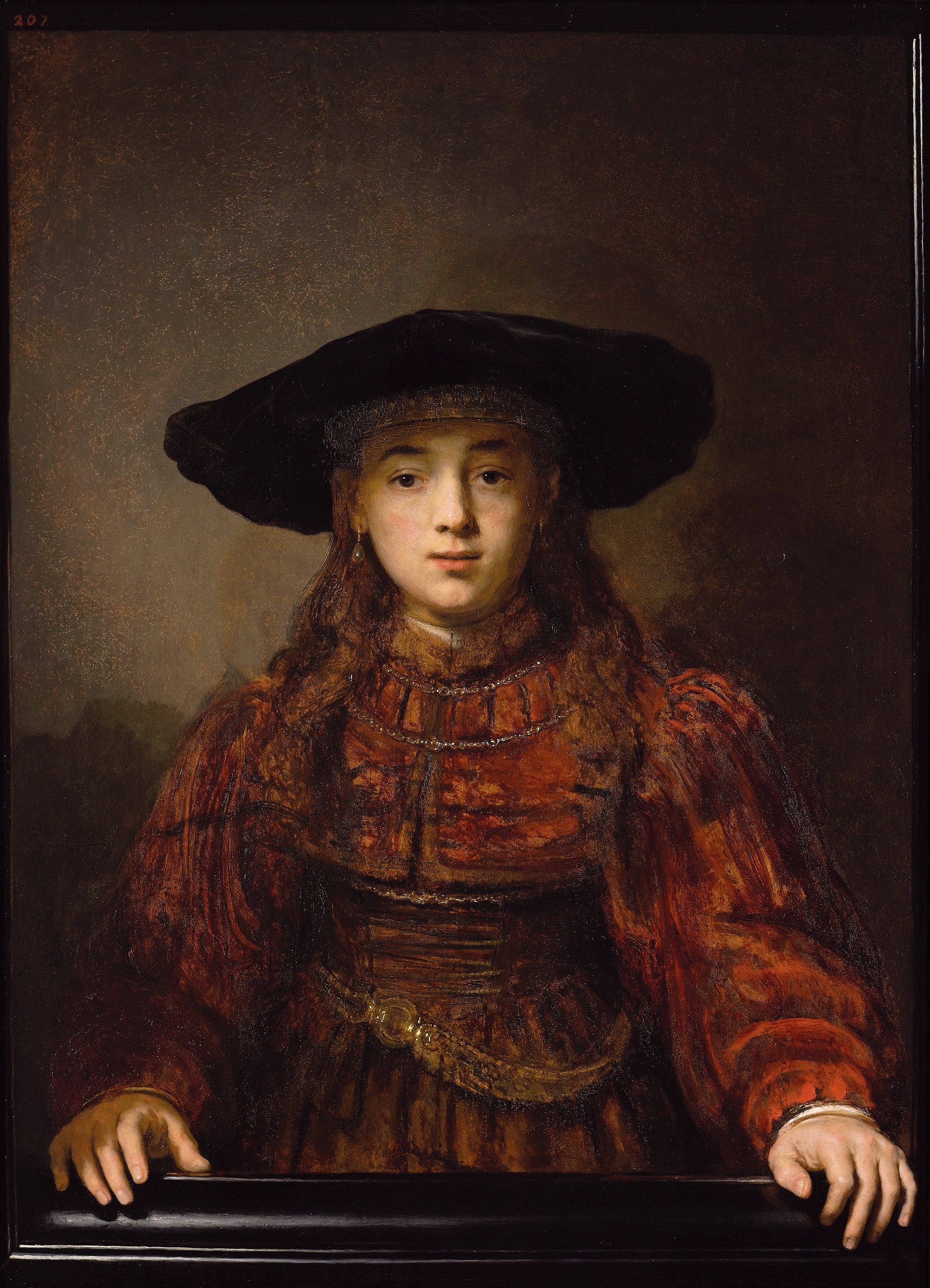 Reproduction du tableau « Jeune Fille au cadre - Rembrandt » par Alpha Reproduction en peinture à l’huile