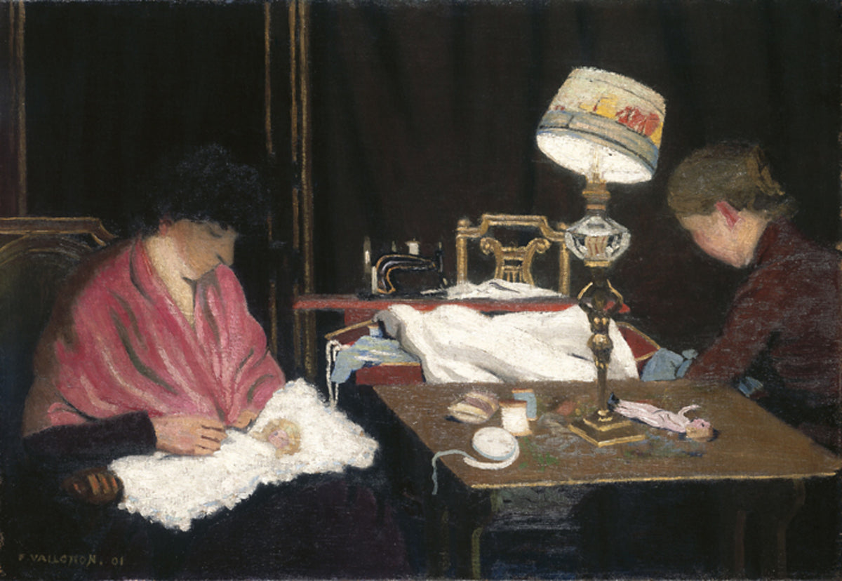 Femme, châle rose, cousin à la lampe - Félix Vallotton