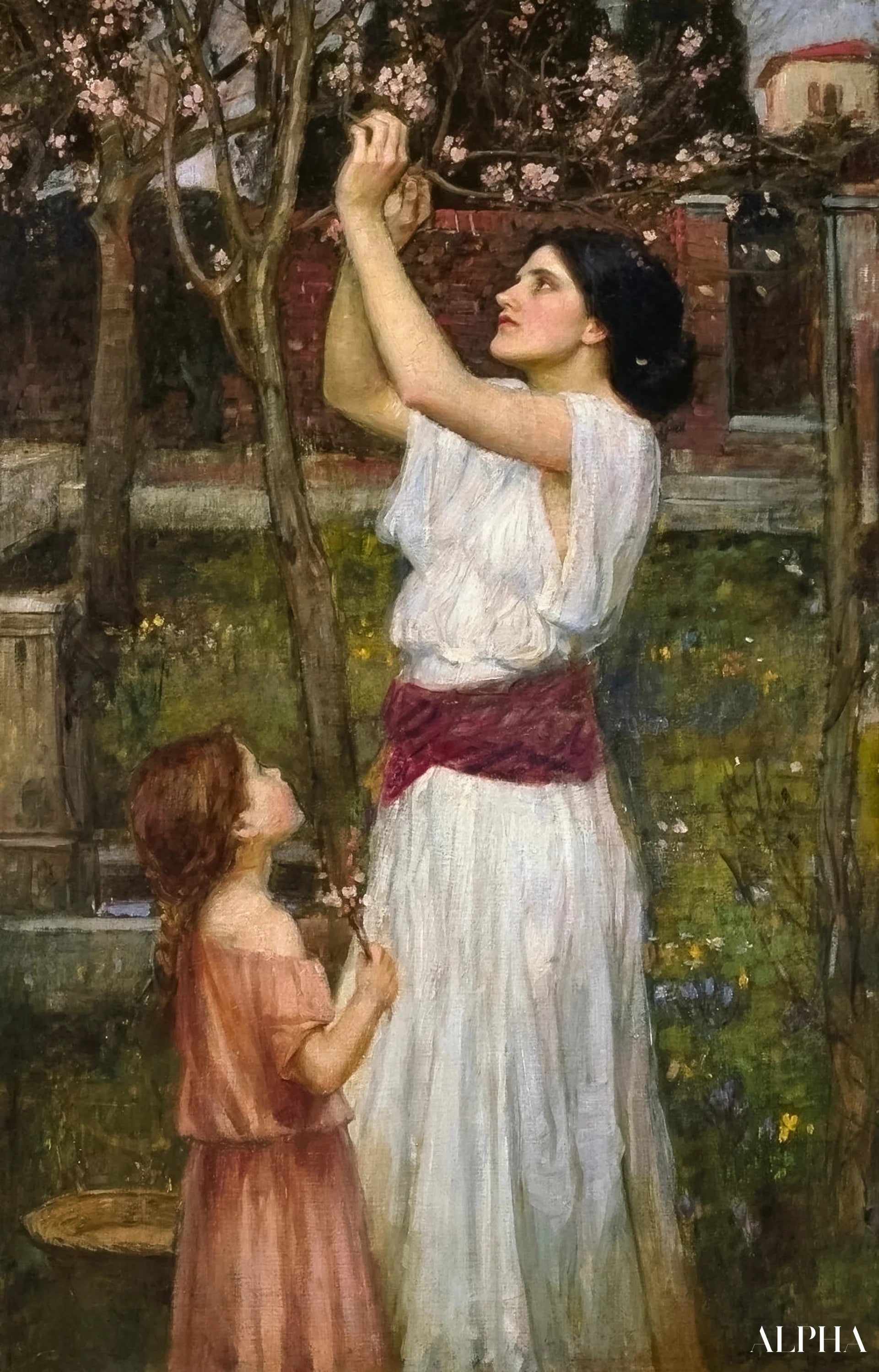 Reproduction du tableau « Rassembler des fleurs d'amandier - John William Waterhouse » par Alpha Reproduction en peinture à l’huile