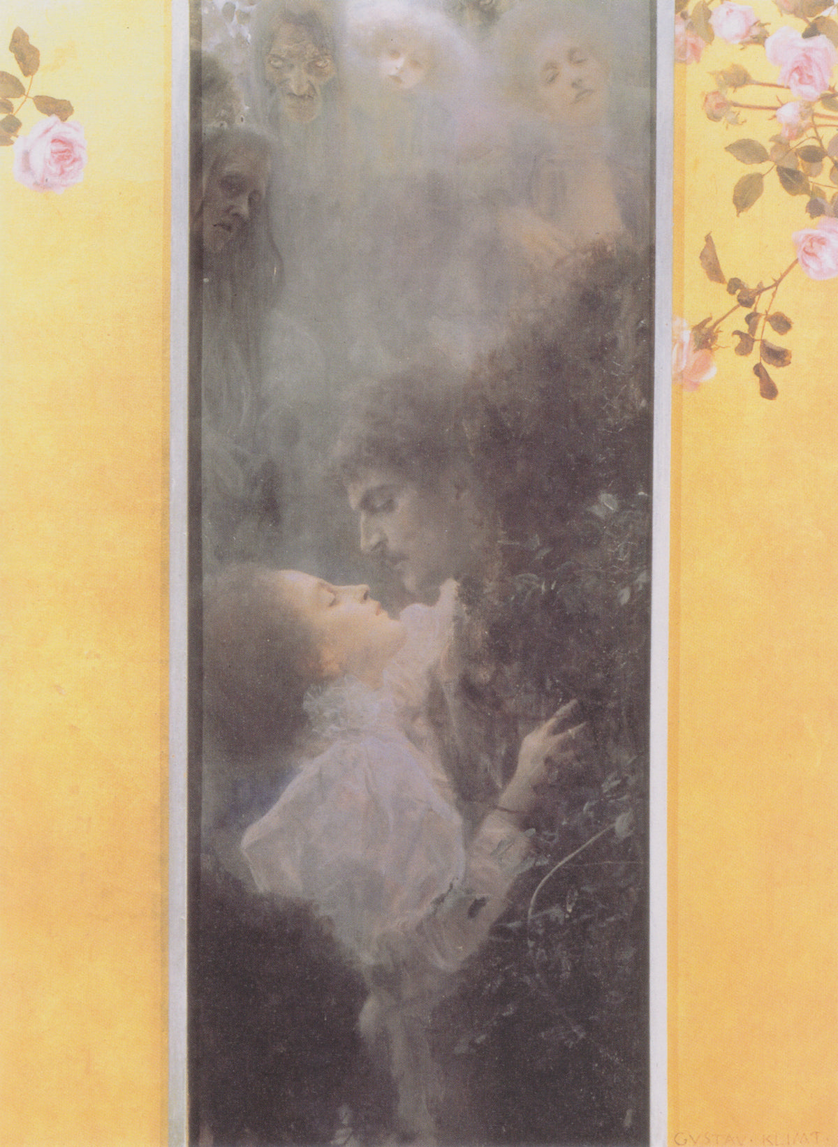 L’Amour de Gustav Klimt, tableau de 1895 avec couple, fleurs et visages symboliques