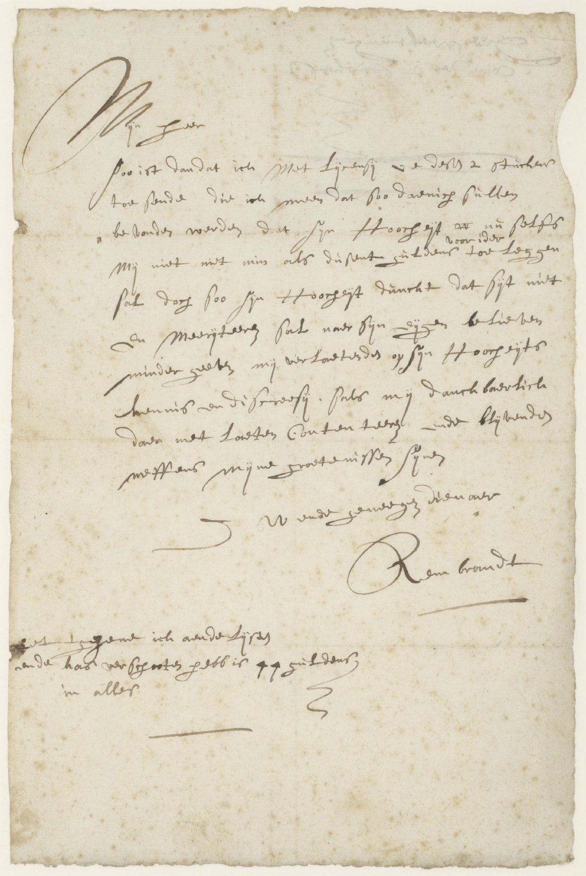 Lettre autographe de Rembrandt à Constantijn Huygens en 1639