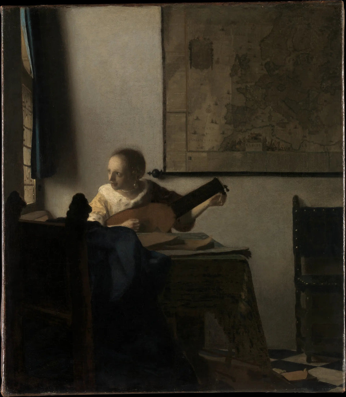 La Femme au luth de Johannes Vermeer, tableau complet vers 1662-1663
