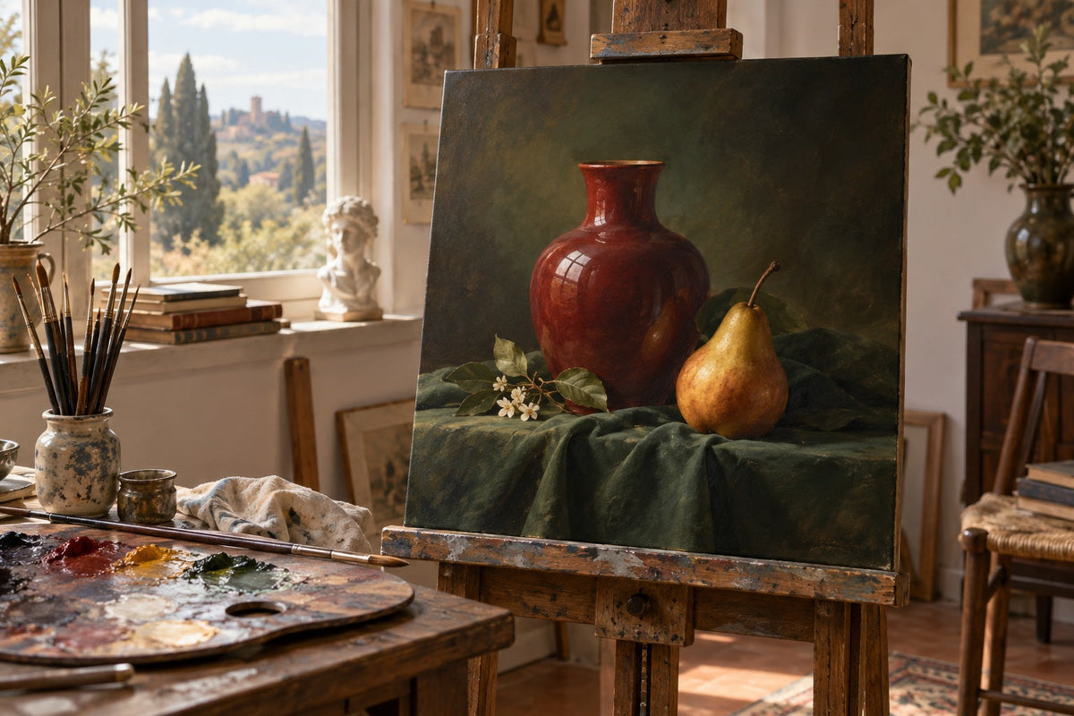 Illustration générée par IA : nature morte imaginaire aux couleurs profondes