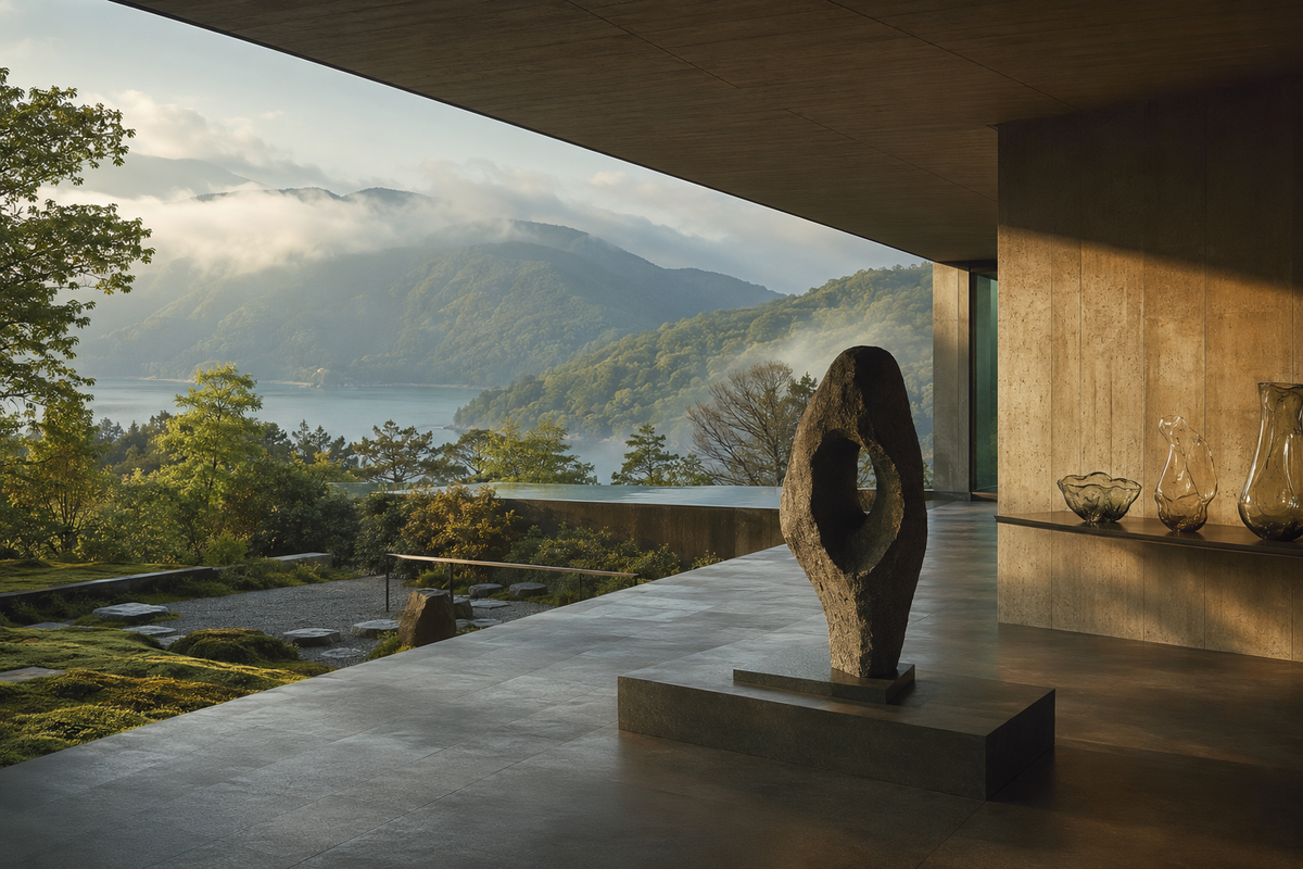 Galerie contemporaine imaginaire ouverte sur les montagnes et le lac d’Ashi à Hakone
