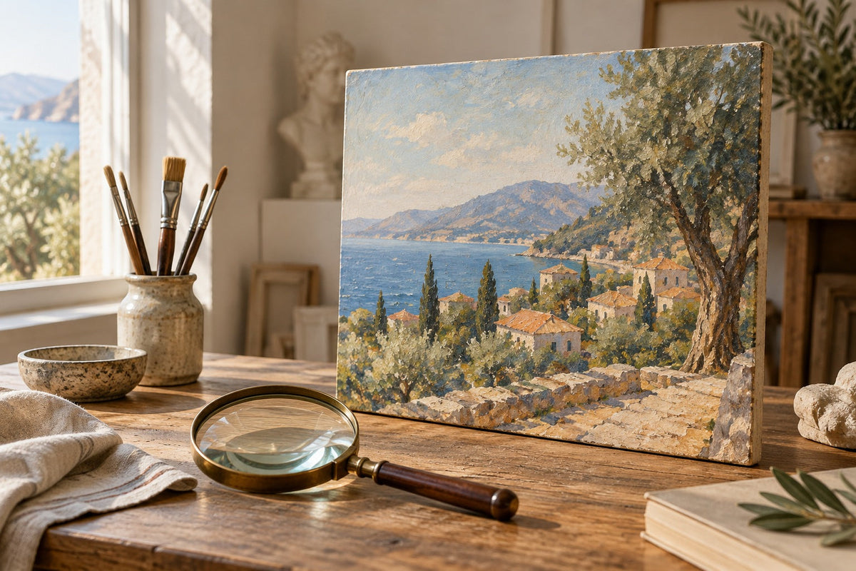 Illustration générée par IA : observation d’un tableau sur toile dans un atelier