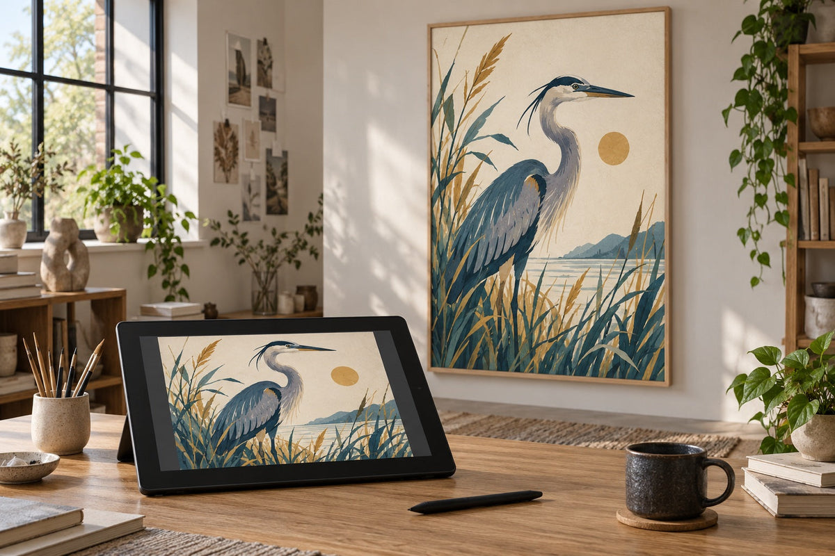 Mise en scène IA : du dessin sur tablette au grand tableau de héron