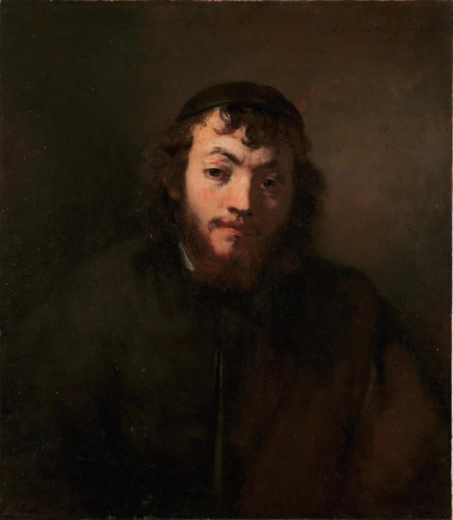 Reproduction du tableau « Portrait d'un jeune homme avec barbe et calotte - Rembrandt » par Alpha Reproduction en peinture à l’huile