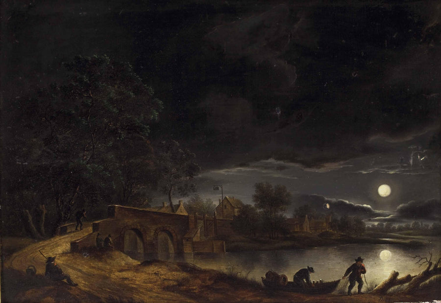 Village et pont sous la pleine lune – Adolph Friedrich Vollmer