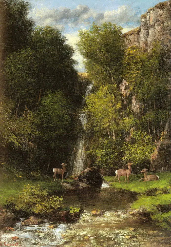 Une famille de cerfs dans un paysage avec une chute d’eau - Gustave Courbet - Alpha Reproduction