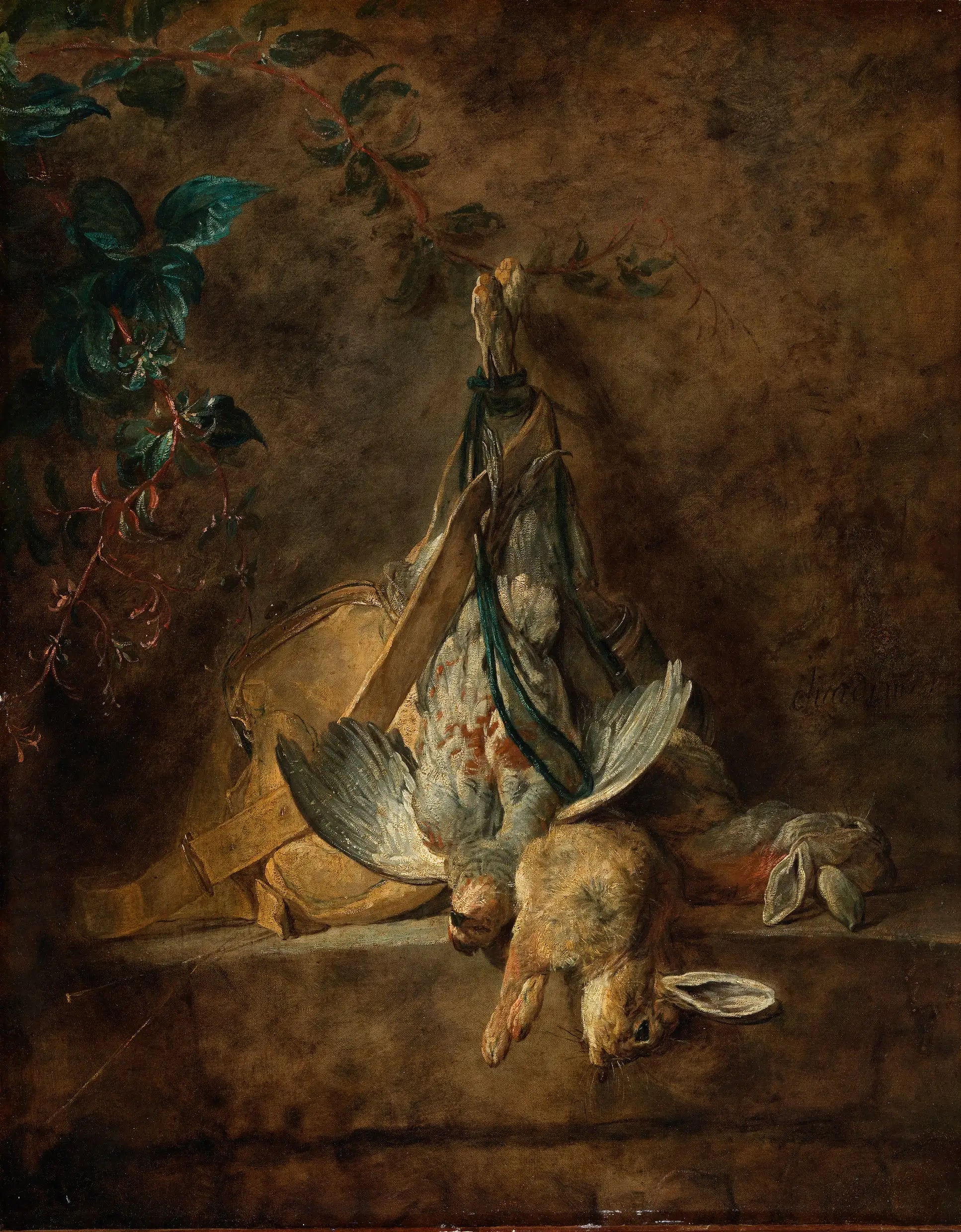 Nature morte: deux lapins une perdrix grise une gibecière et une poire à poudre - Jean Siméon Chardin - Alpha