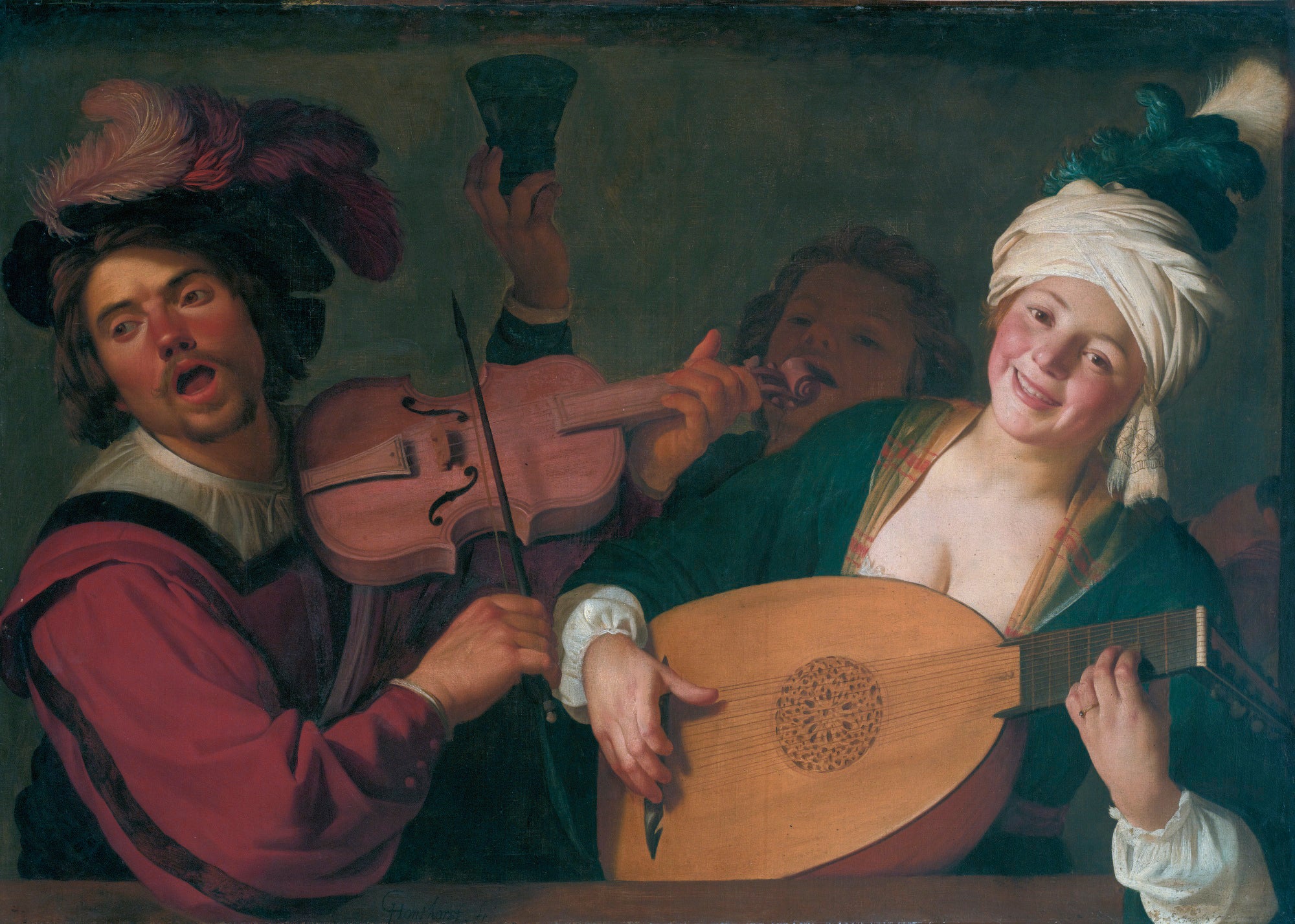 Un groupe joyeux derrière une balustrade avec un violon et un joueur de luth - Gerrit van Honthorst