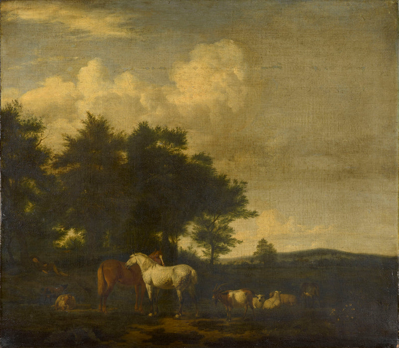 Chevaux, moutons et chèvres avec un berger endormi - Adriaen van de Velde