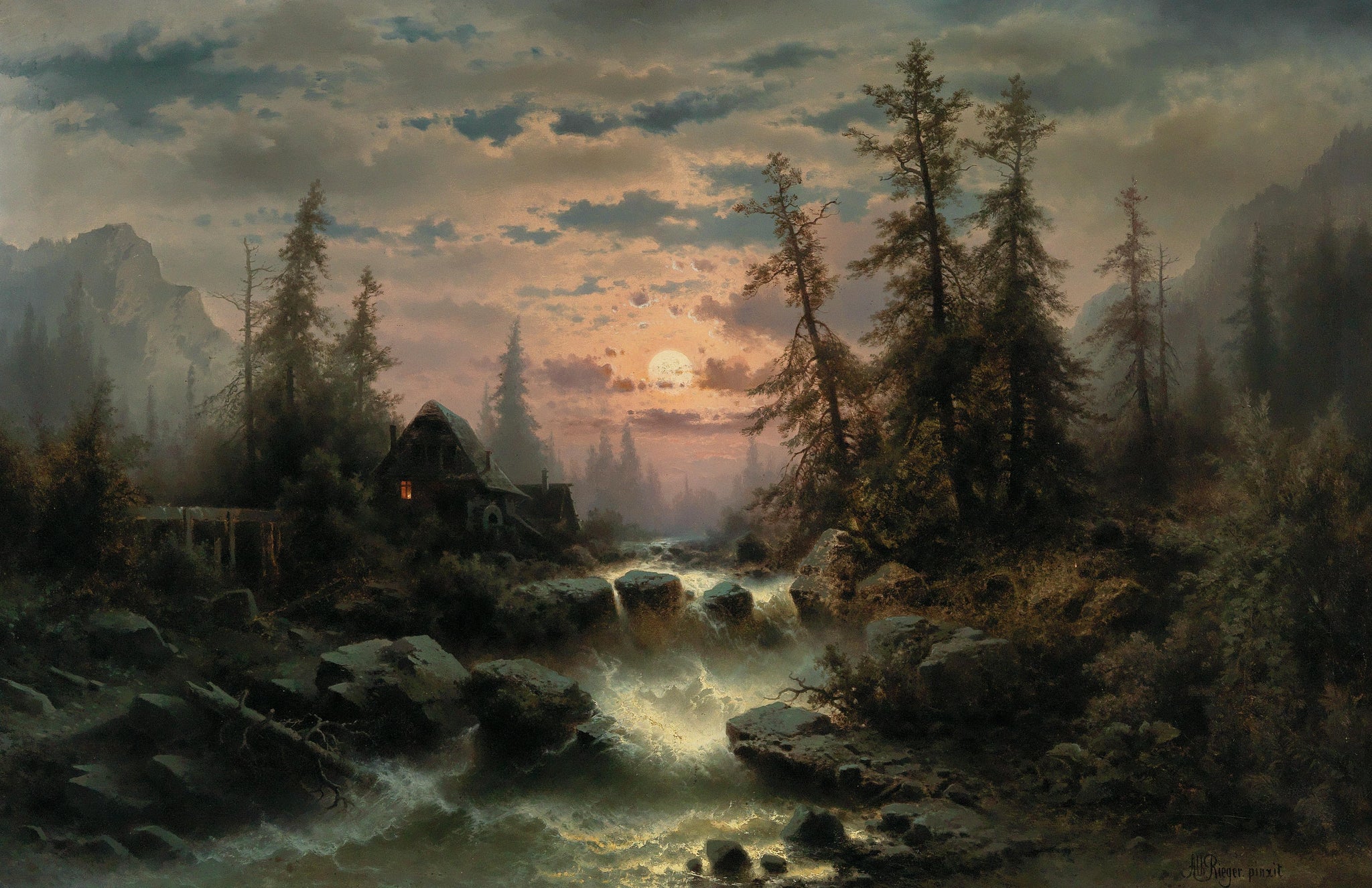Torrent de montagne au clair de lune de Albert Rieger