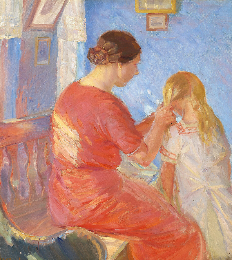 Une mère qui tresse les cheveux de son enfant. - Anna Ancher