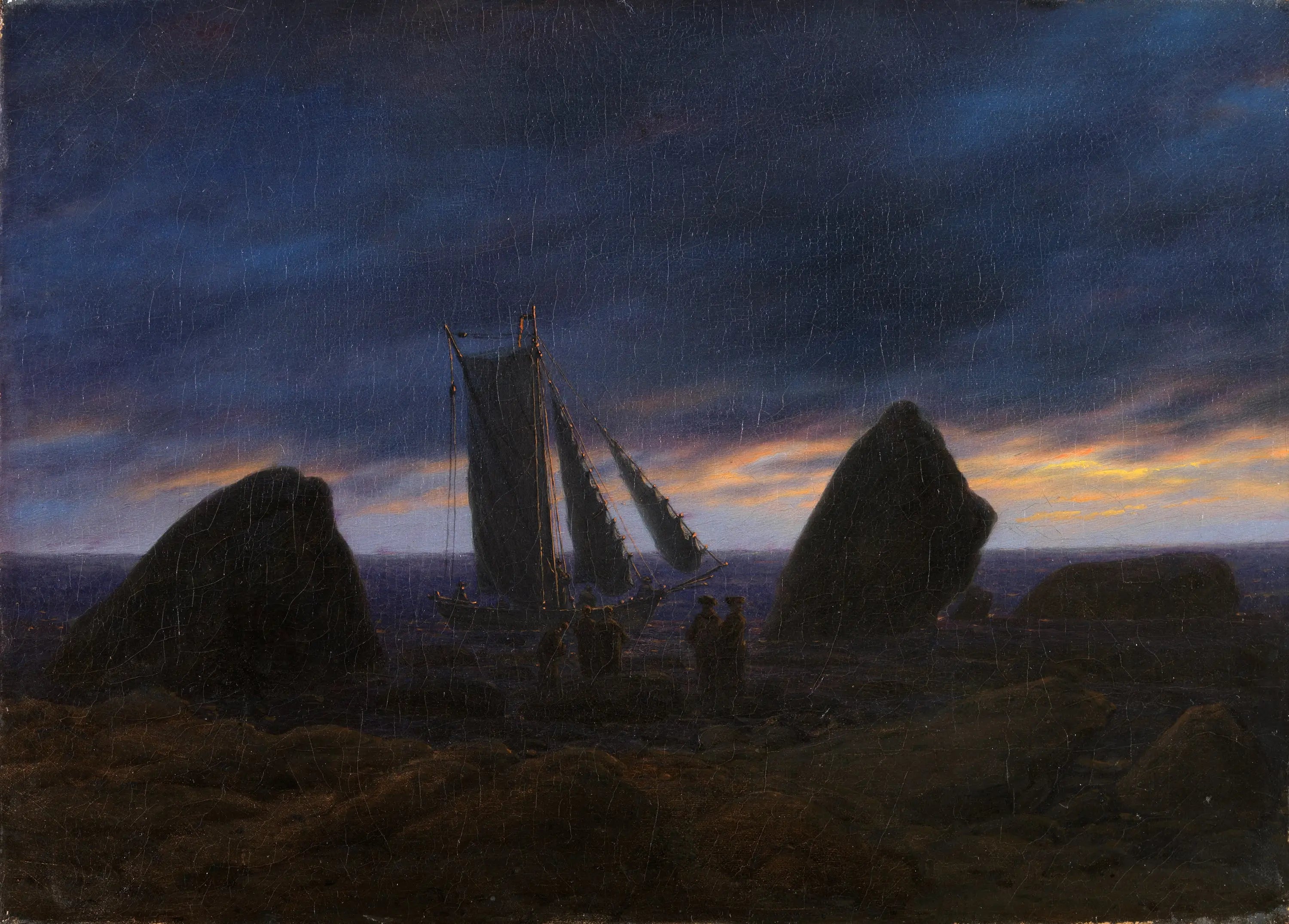 Reproduction du tableau « Bateau de pêche entre deux rochers sur la plage de la mer Baltique - Caspar David Friedrich » par Alpha Reproduction en peinture à l’huile