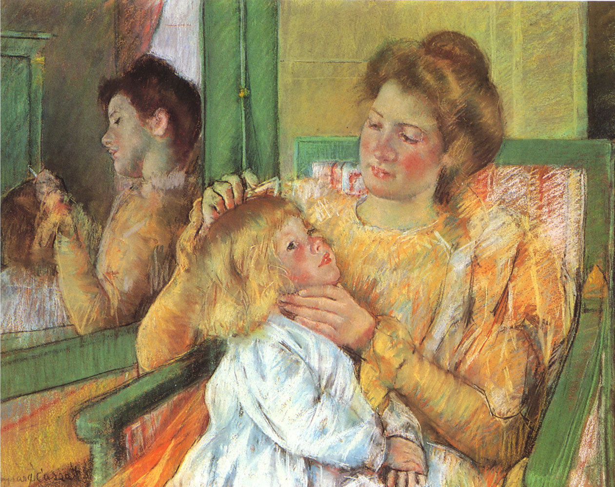 Mère coiffant les cheveux de son enfant, Mary Cassatt, 1879, huile sur toile