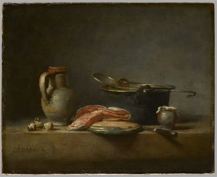 Marmite de cuivre écumoire cruche et tranche de saumon - Jean Siméon Chardin - Alpha Reproduction