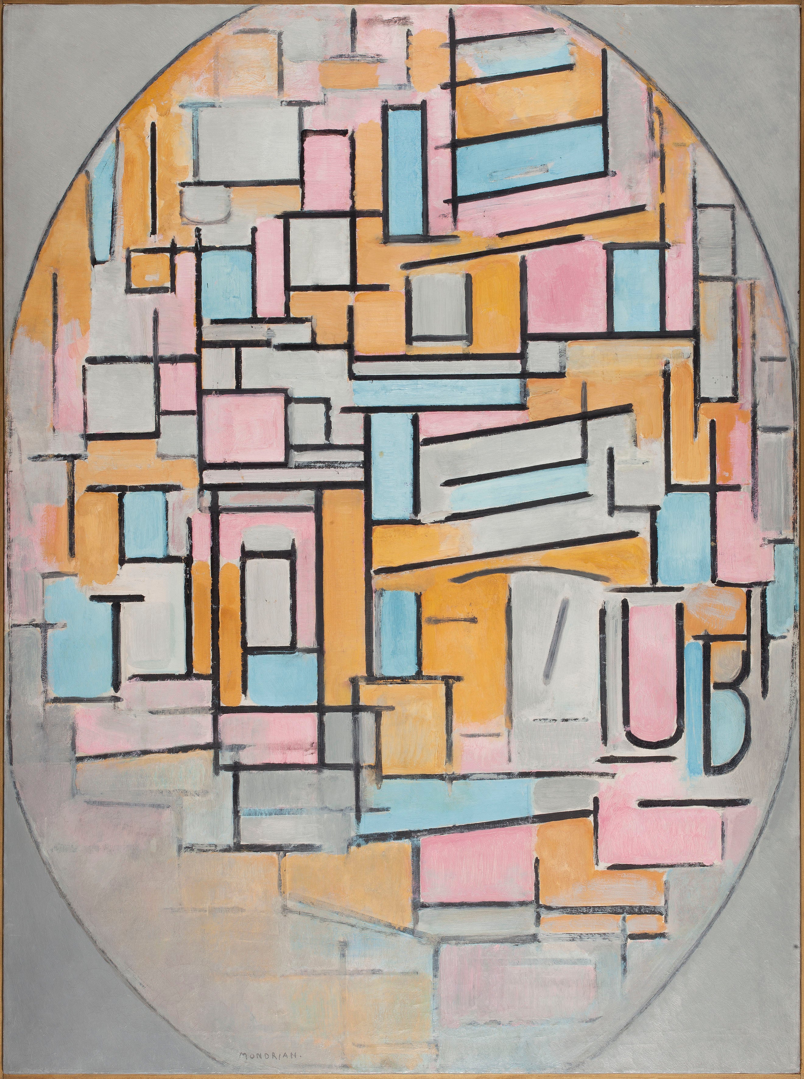 Reproduction du tableau « Composition ovale avec panneaux de couleur 2 - Piet Mondrian » par Alpha Reproduction en peinture à l’huile