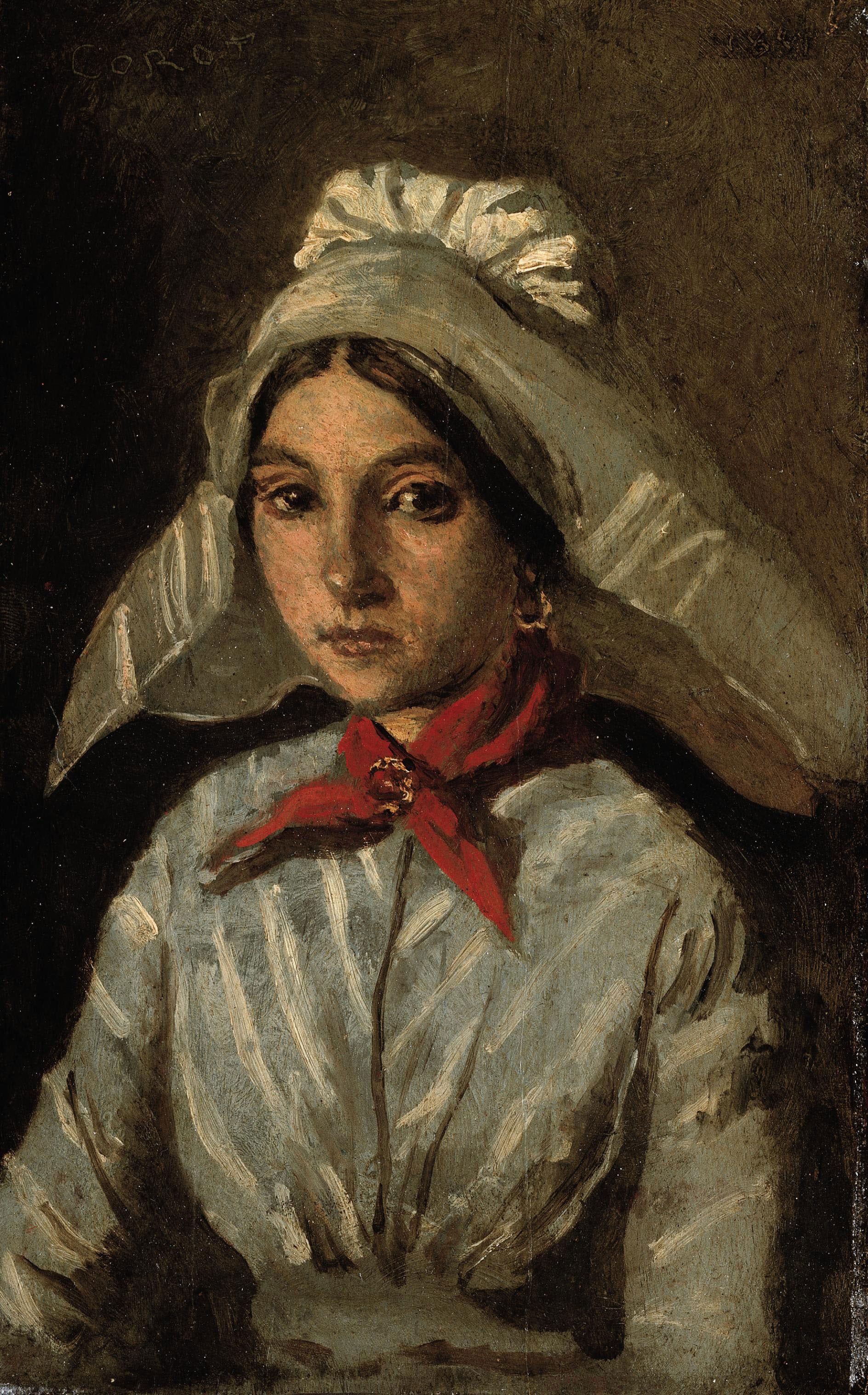 Jeune fille portant sur la tête une grande coiffe - Jean-Baptiste Camille Corot