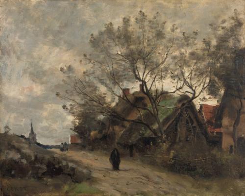Flesselles. Chaumières vues à travers les arbres au bord d'une route - Jean-Baptiste Camille Corot