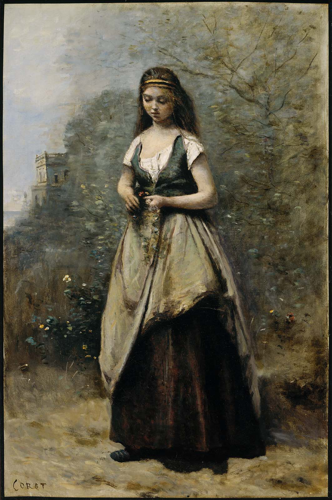 Jeune femme tissant une couronne de fleurs - Jean-Baptiste Camille Corot
