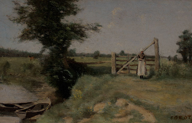 Une barrière dans les prés au bord d'un canal. Environs d'Abbeville - Jean-Baptiste Camille Corot