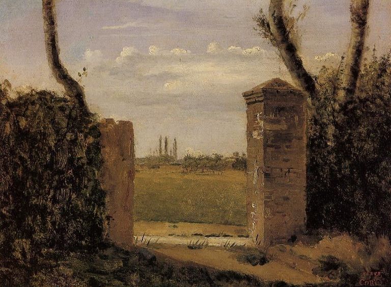 Bois-Guillaume, près de Rouen, porte flanquée de deux piliers - Jean-Baptiste Camille Corot