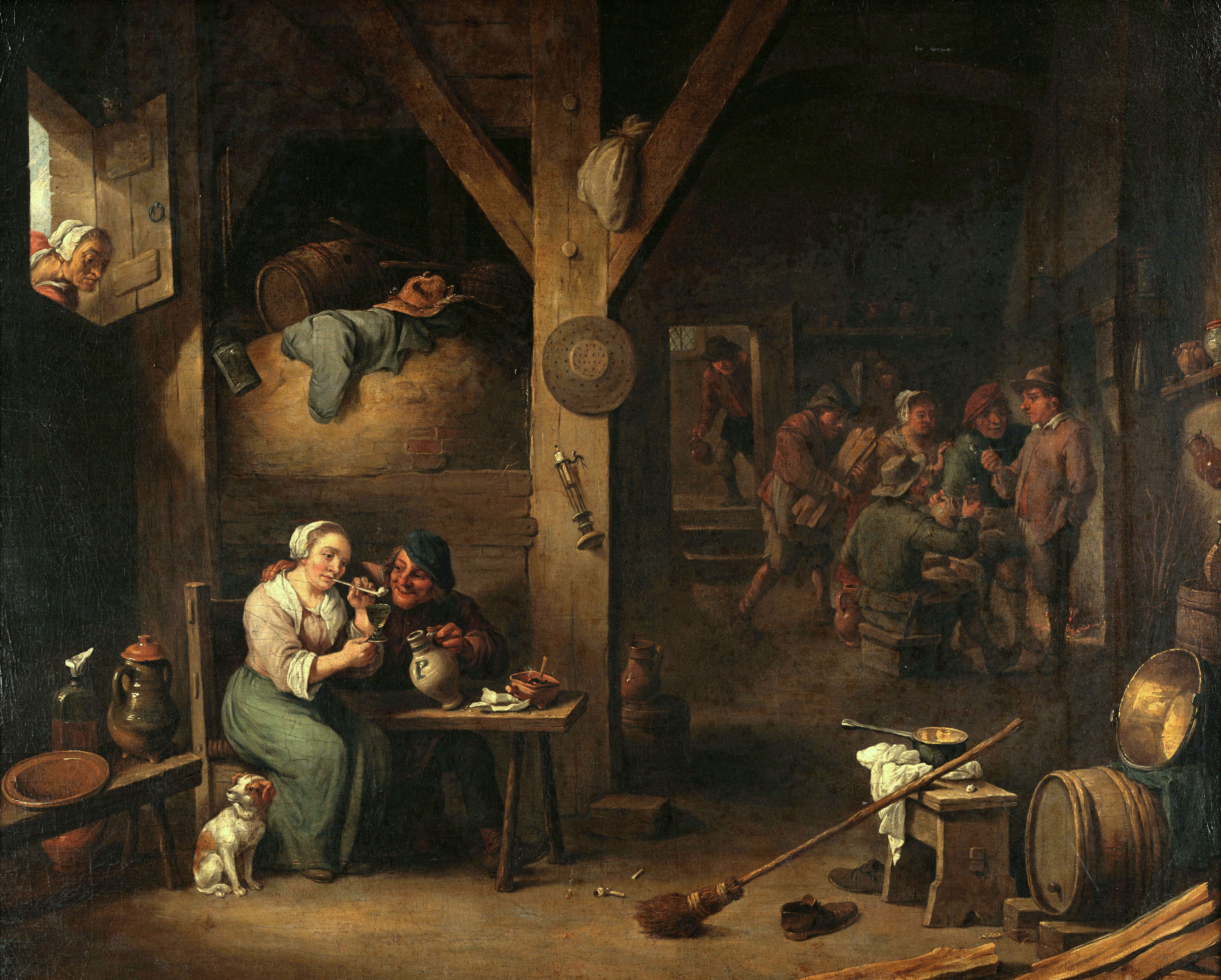Intérieur d'une taverne avec une femme fumant et un homme lui offrant un verre sous le regard d'une vieille femme - David Teniers le Jeune