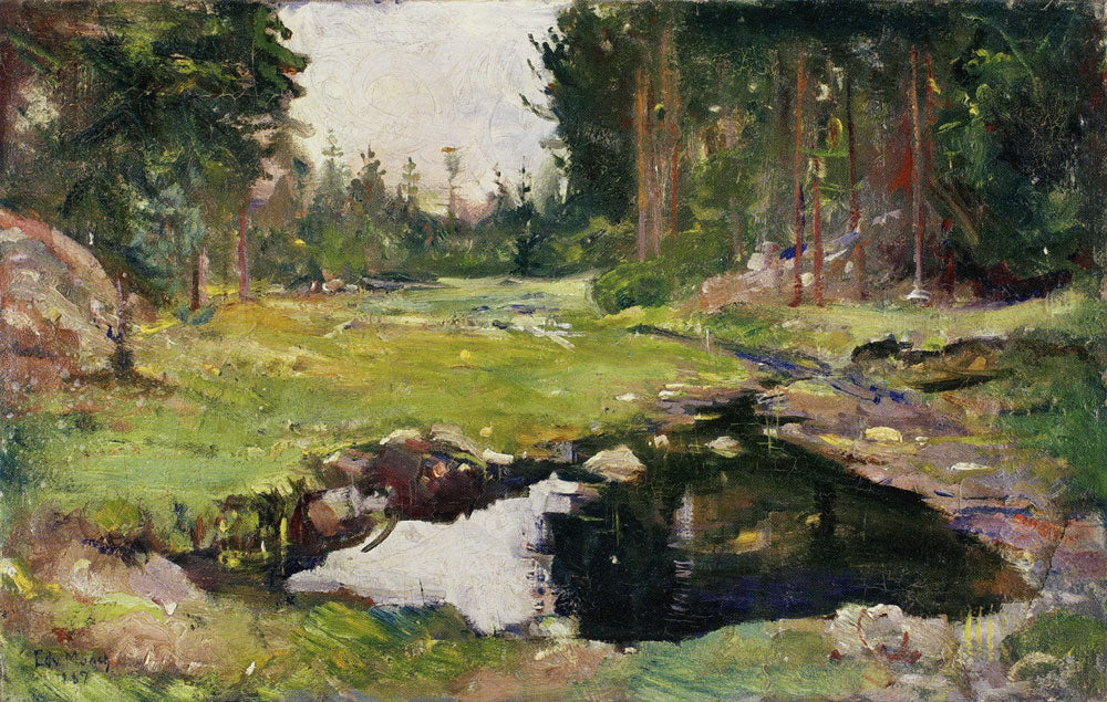 Reproduction du tableau « Paysage de forêt avec un petit lac - Edvard Munch » par Alpha Reproduction en peinture à l’huile