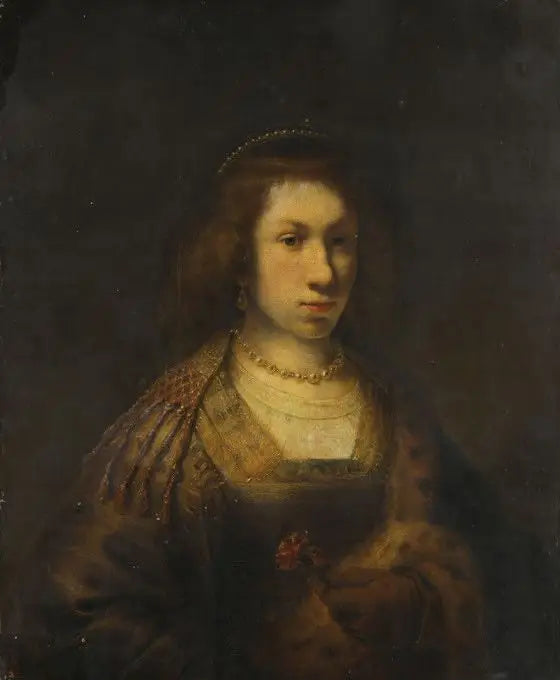 Reproduction du tableau « Jeune femme tenant un œillet - Rembrandt » par Alpha Reproduction en peinture à l’huile