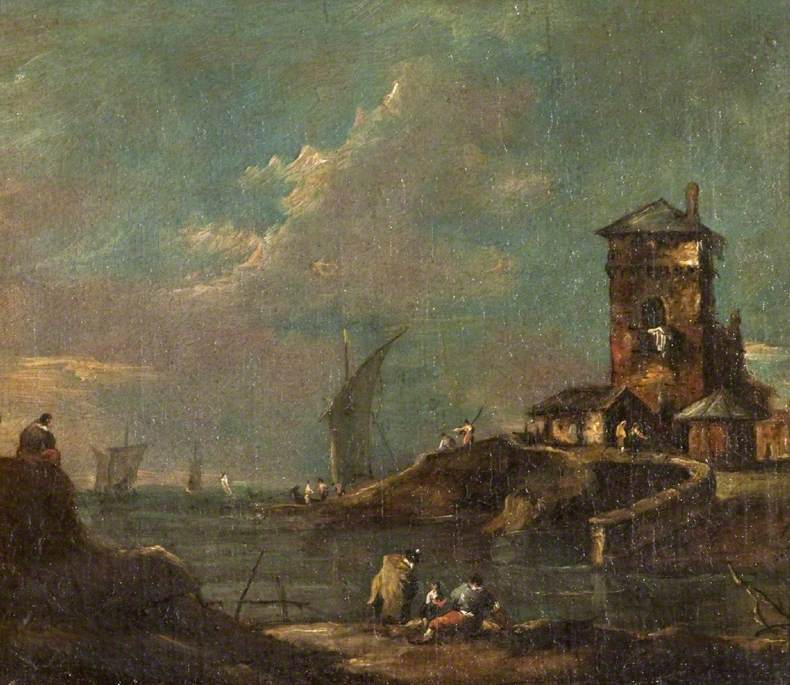 Capriccio avec tour rustique, maisons et bateaux - Francesco Guardi