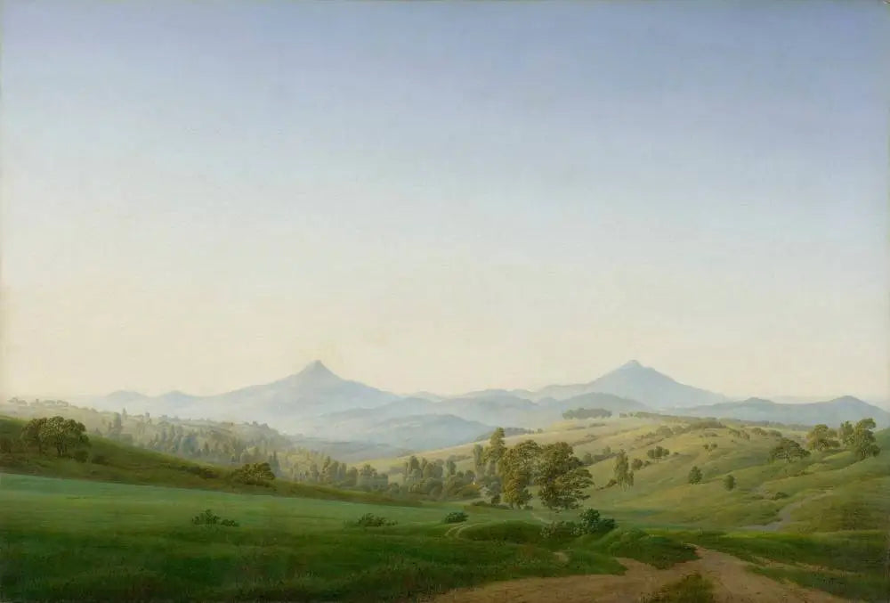 Reproduction du tableau « Paysage de Bohême avec le mont Milleschauer - Caspar David Friedrich » par Alpha Reproduction en peinture à l’huile