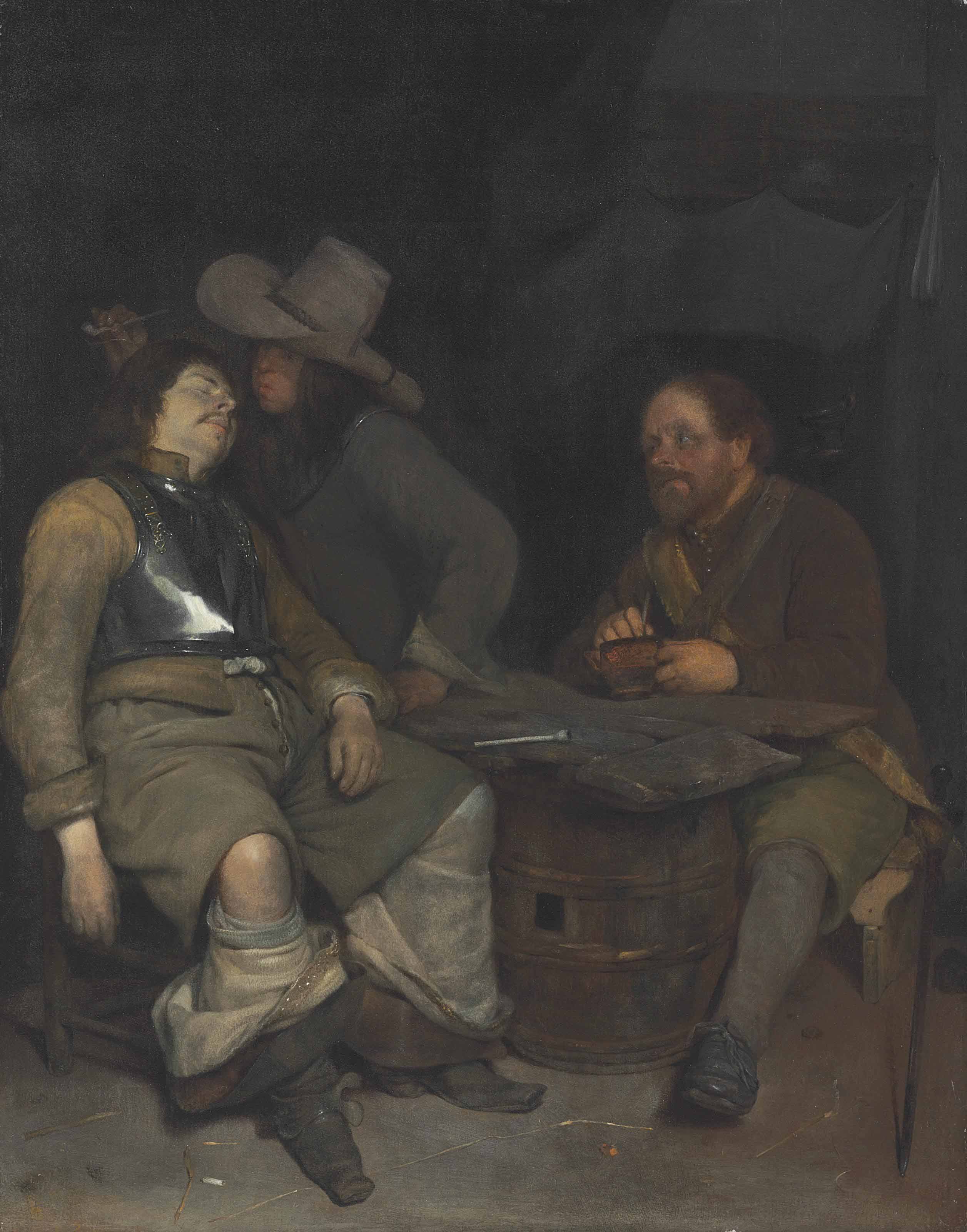 Intérieur d'un poste de garde avec un soldat soufflant de la fumée - Gerard ter Borch