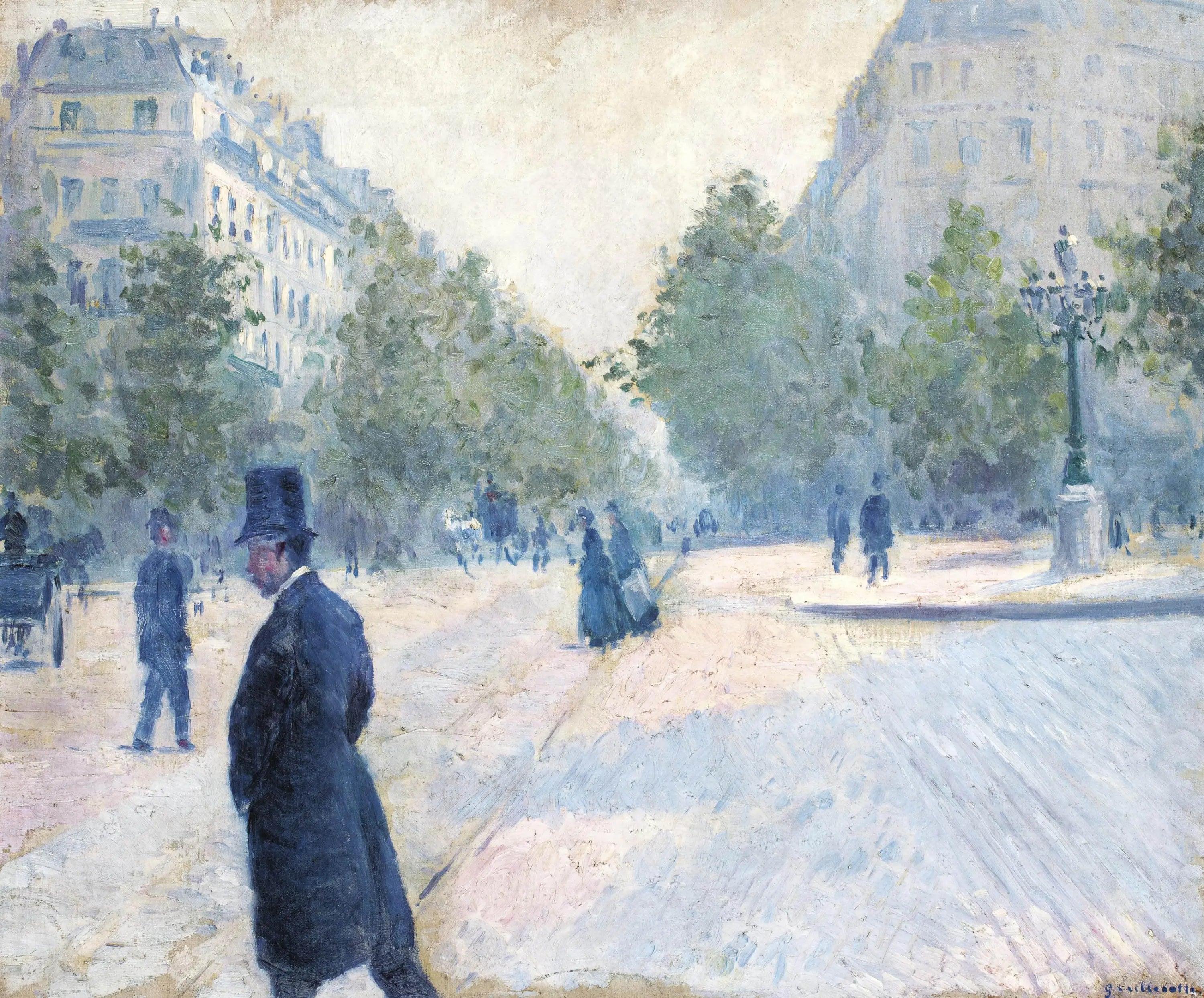 Reproduction du tableau « La Place Saint-Augustin, temps brumeux - Gustave Caillebotte » par Alpha Reproduction en peinture à l’huile
