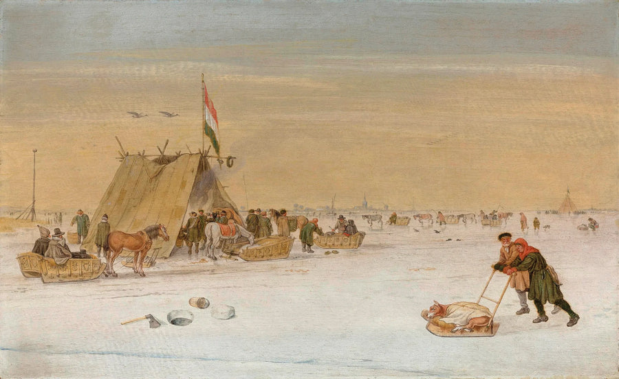 Un paysage hivernal avec des silhouettes sur la glace près d'une tente à koek-en-zopie - Hendrick Avercamp