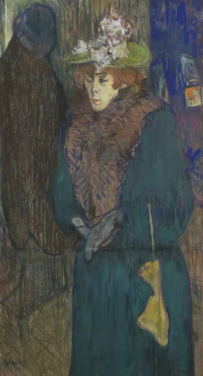 Reproduction du tableau « Jane Avril dans l'Entrée du Moulin Rouge, enfilant ses gants - Henri de Toulouse-Lautrec » par Alpha Reproduction en peinture à l’huile