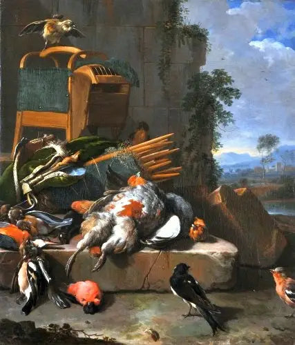 Nature morte aux oiseaux (Matériel de chasse). - Melchior de Hondecoeter - Alpha Reproduction