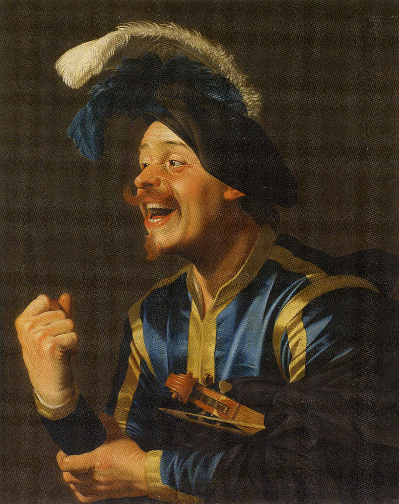 웃는 음악가가 팔에 바이올린을 들고 있는 모습 - Gerrit van Honthorst