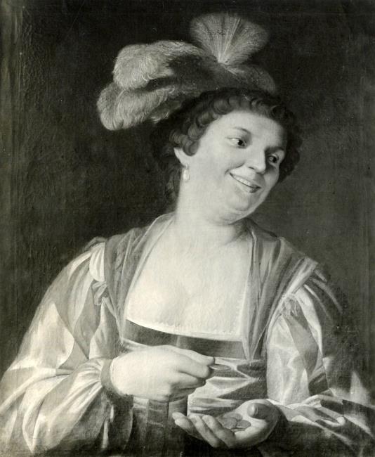 Une femme qui rit tout en comptant de l'argent - Gerrit van Honthorst